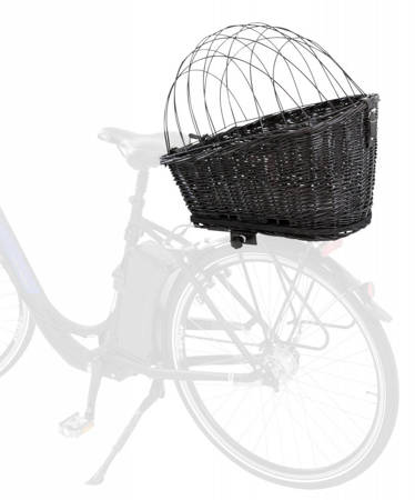 Czarny kosz wiklinowy zamykany na bagażnik roweru